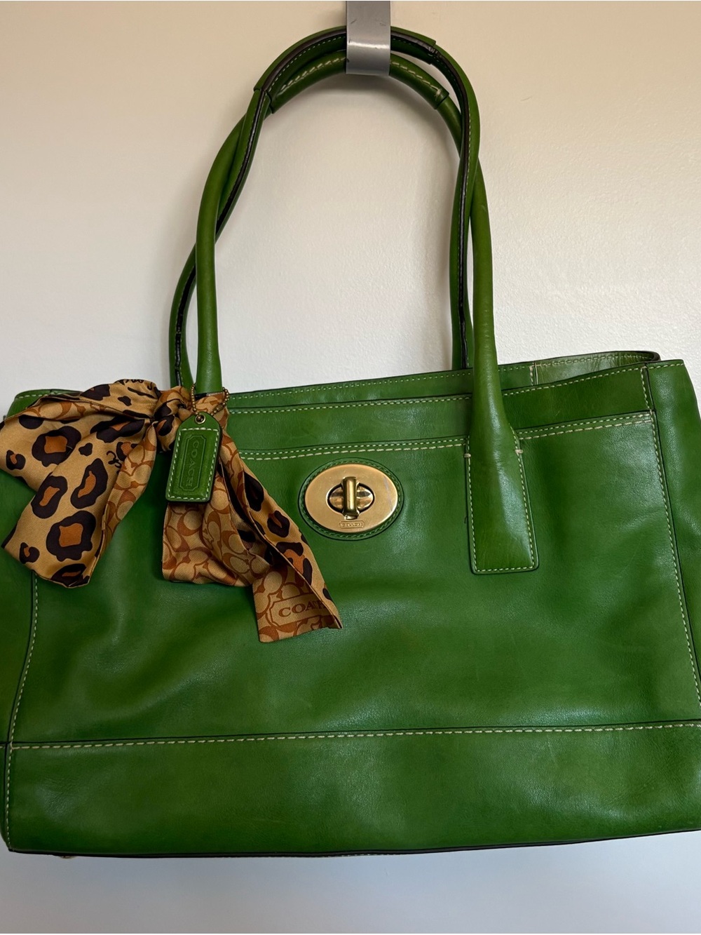 Coach Green Leather Turnlock Tote with Scarf Accent 11554P